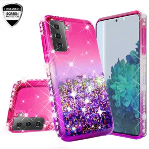 Samsung Galaxy S21  /Galaxy S21 Plus Case Liquid Glitter Phone Case Waterfall Floating Quicksand Bling Sparkle Cute Protective Girls Women Cover for Samsung Galaxy S21  /Galaxy S21 Plus w/ Tempered Glass - (Hot Pink/Purple Gradient)
