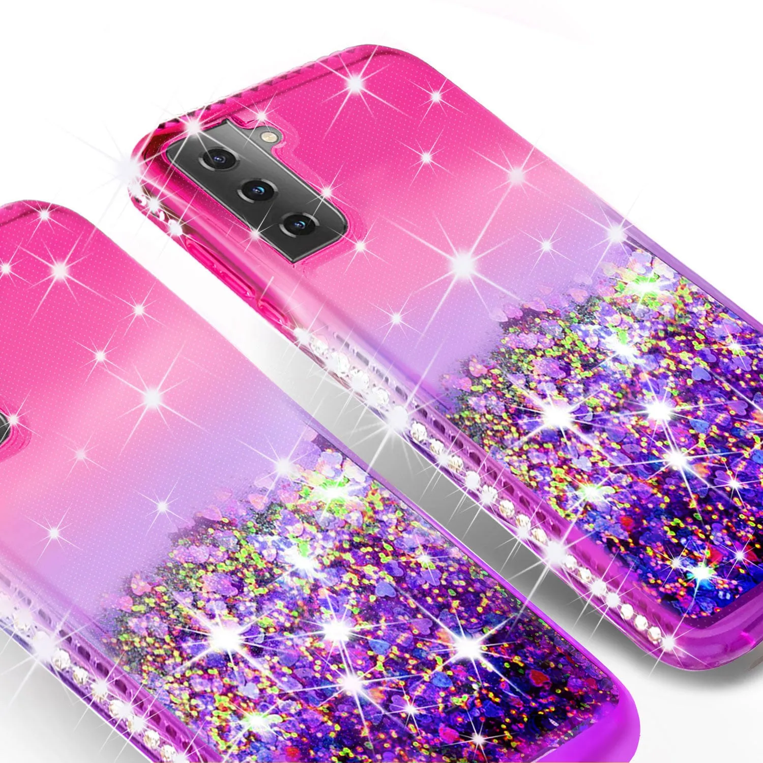 Samsung Galaxy S21  /Galaxy S21 Plus Case Liquid Glitter Phone Case Waterfall Floating Quicksand Bling Sparkle Cute Protective Girls Women Cover for Samsung Galaxy S21  /Galaxy S21 Plus w/ Tempered Glass - (Hot Pink/Purple Gradient)