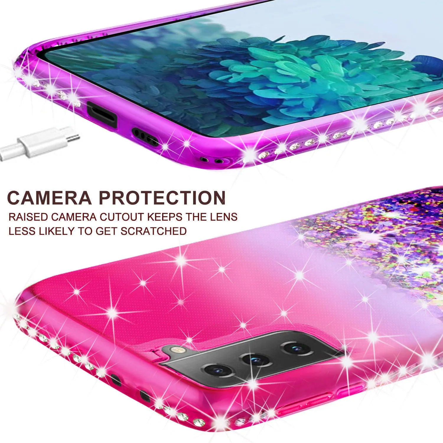 Samsung Galaxy S21  /Galaxy S21 Plus Case Liquid Glitter Phone Case Waterfall Floating Quicksand Bling Sparkle Cute Protective Girls Women Cover for Samsung Galaxy S21  /Galaxy S21 Plus w/ Tempered Glass - (Hot Pink/Purple Gradient)