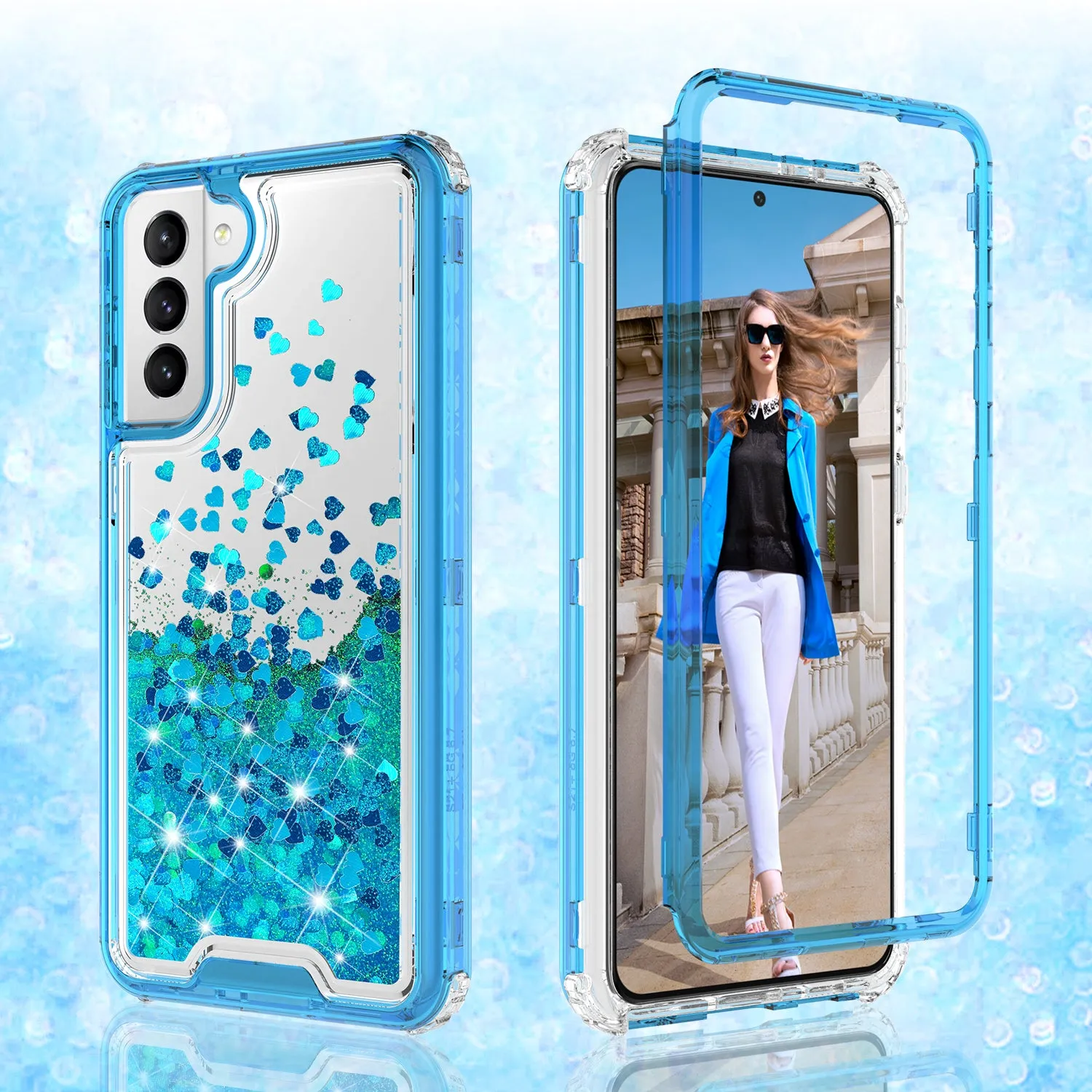 Samsung Galaxy S21  /Galaxy S21 Plus Case,Hard Clear Glitter Sparkle Flowing Liquid Heavy Duty Shockproof Three Layer Protective Bling Girls Women Cases for Samsung Galaxy S21  /Galaxy S21 Plus - Teal