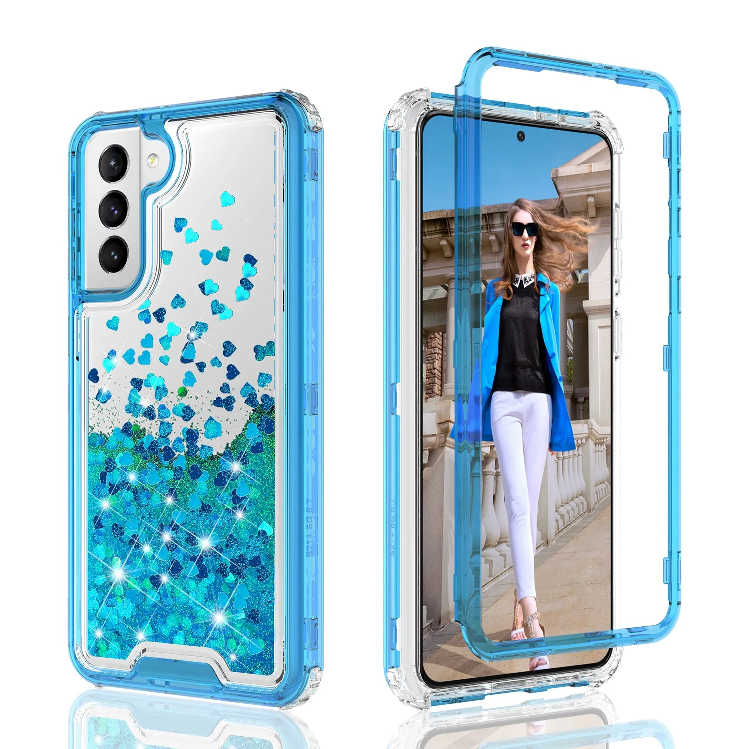 Samsung Galaxy S21  /Galaxy S21 Plus Case,Hard Clear Glitter Sparkle Flowing Liquid Heavy Duty Shockproof Three Layer Protective Bling Girls Women Cases for Samsung Galaxy S21  /Galaxy S21 Plus - Teal