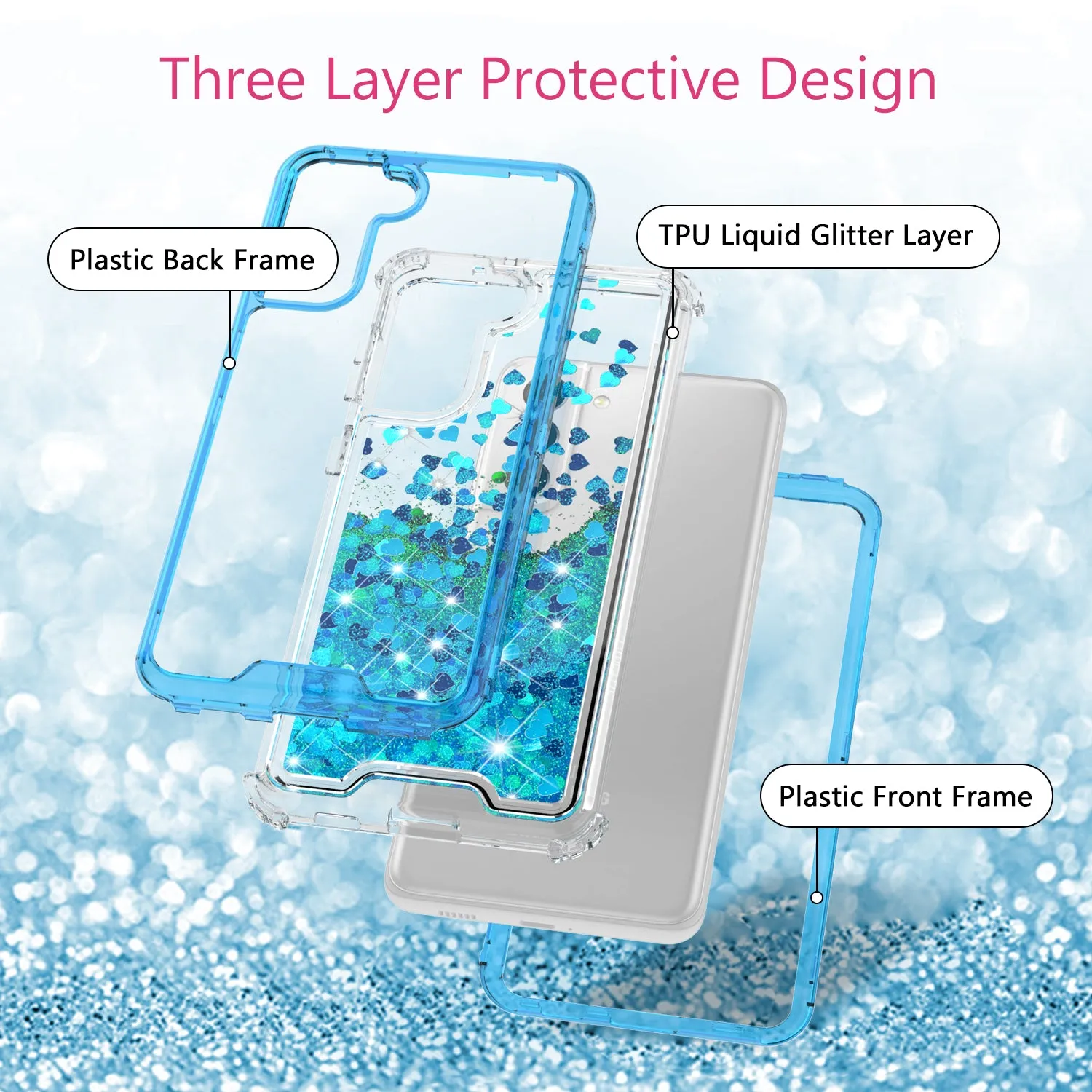 Samsung Galaxy S21  /Galaxy S21 Plus Case,Hard Clear Glitter Sparkle Flowing Liquid Heavy Duty Shockproof Three Layer Protective Bling Girls Women Cases for Samsung Galaxy S21  /Galaxy S21 Plus - Teal