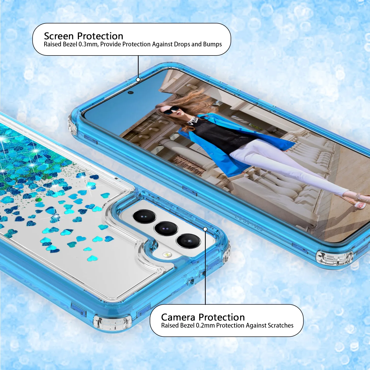 Samsung Galaxy S21  /Galaxy S21 Plus Case,Hard Clear Glitter Sparkle Flowing Liquid Heavy Duty Shockproof Three Layer Protective Bling Girls Women Cases for Samsung Galaxy S21  /Galaxy S21 Plus - Teal
