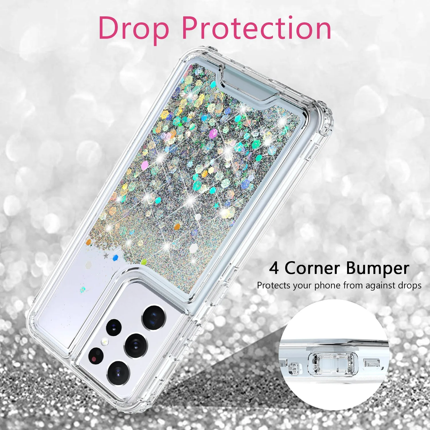 Samsung Galaxy S21 Ultra Case,Hard Clear Glitter Sparkle Flowing Liquid Heavy Duty Shockproof Three Layer Protective Bling Girls Women Cases for Samsung Galaxy S21 Ultra - Clear