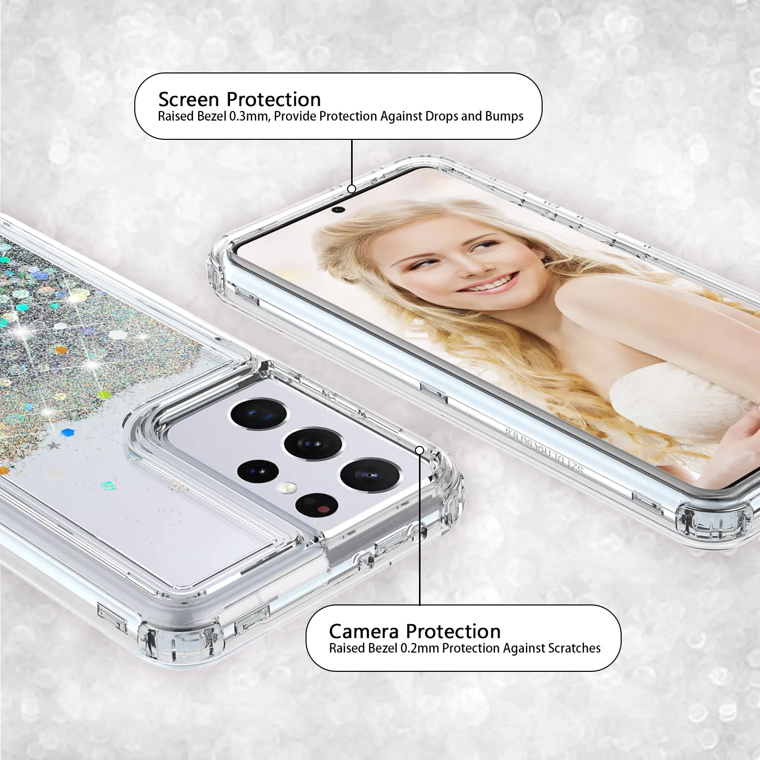 Samsung Galaxy S21 Ultra Case,Hard Clear Glitter Sparkle Flowing Liquid Heavy Duty Shockproof Three Layer Protective Bling Girls Women Cases for Samsung Galaxy S21 Ultra - Clear