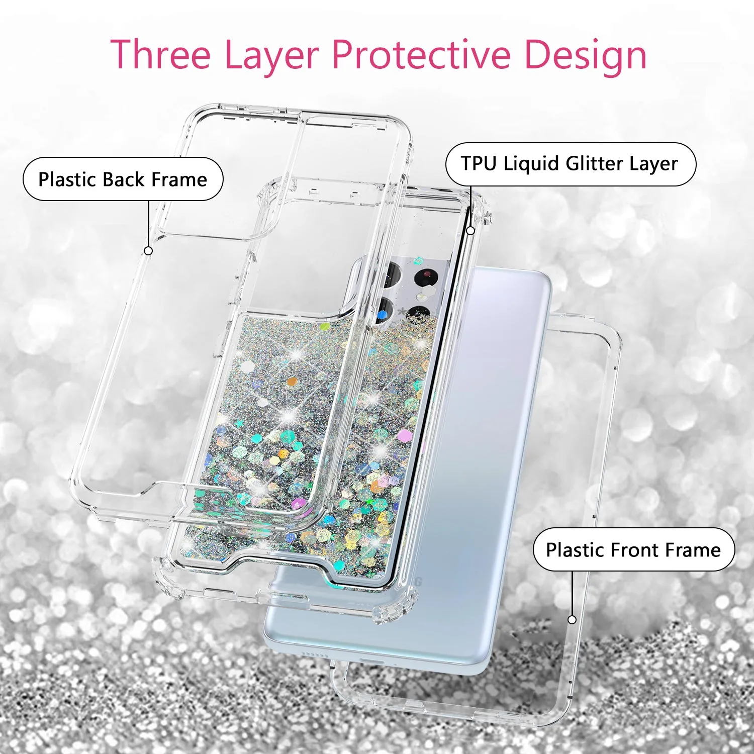 Samsung Galaxy S21 Ultra Case,Hard Clear Glitter Sparkle Flowing Liquid Heavy Duty Shockproof Three Layer Protective Bling Girls Women Cases for Samsung Galaxy S21 Ultra - Clear