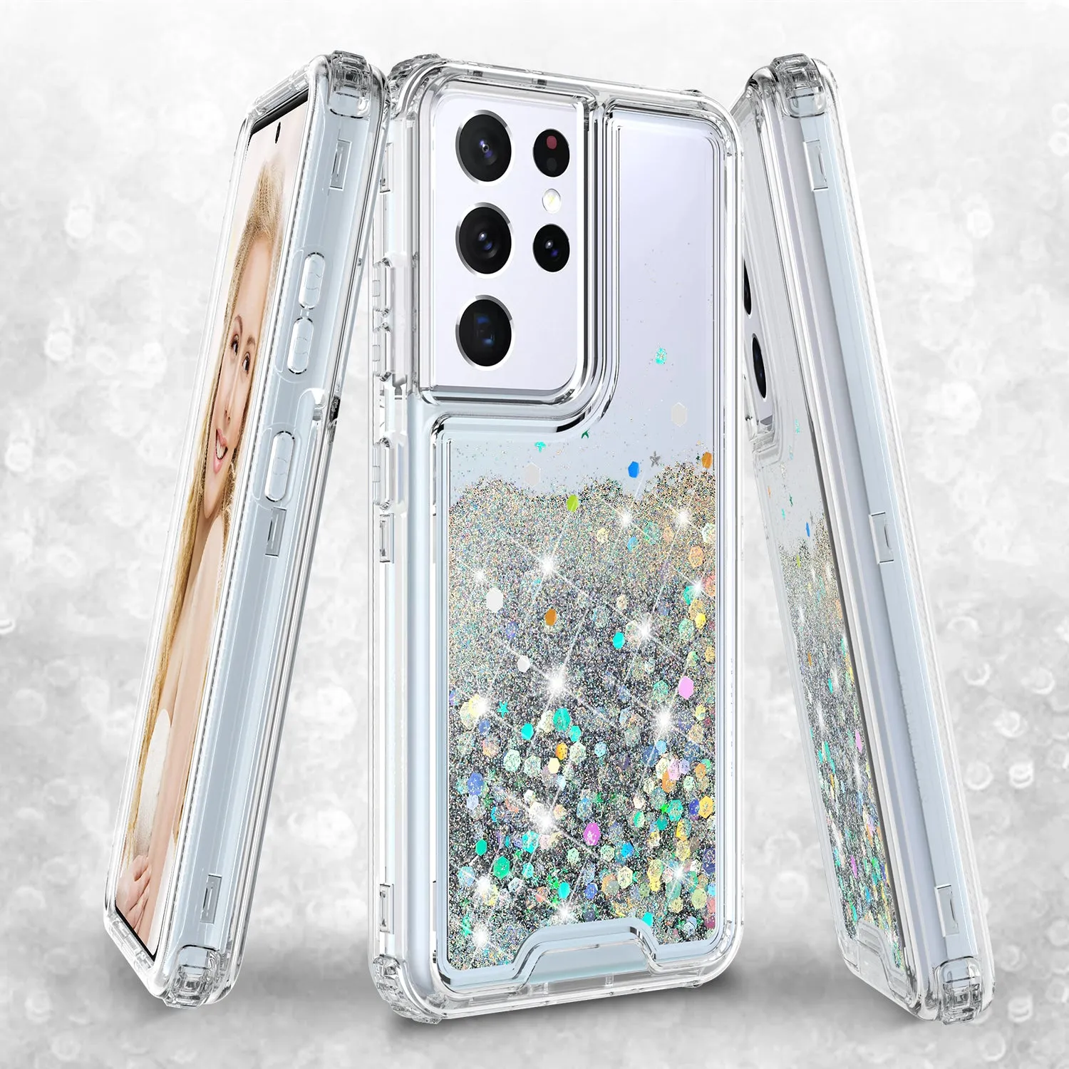 Samsung Galaxy S21 Ultra Case,Hard Clear Glitter Sparkle Flowing Liquid Heavy Duty Shockproof Three Layer Protective Bling Girls Women Cases for Samsung Galaxy S21 Ultra - Clear