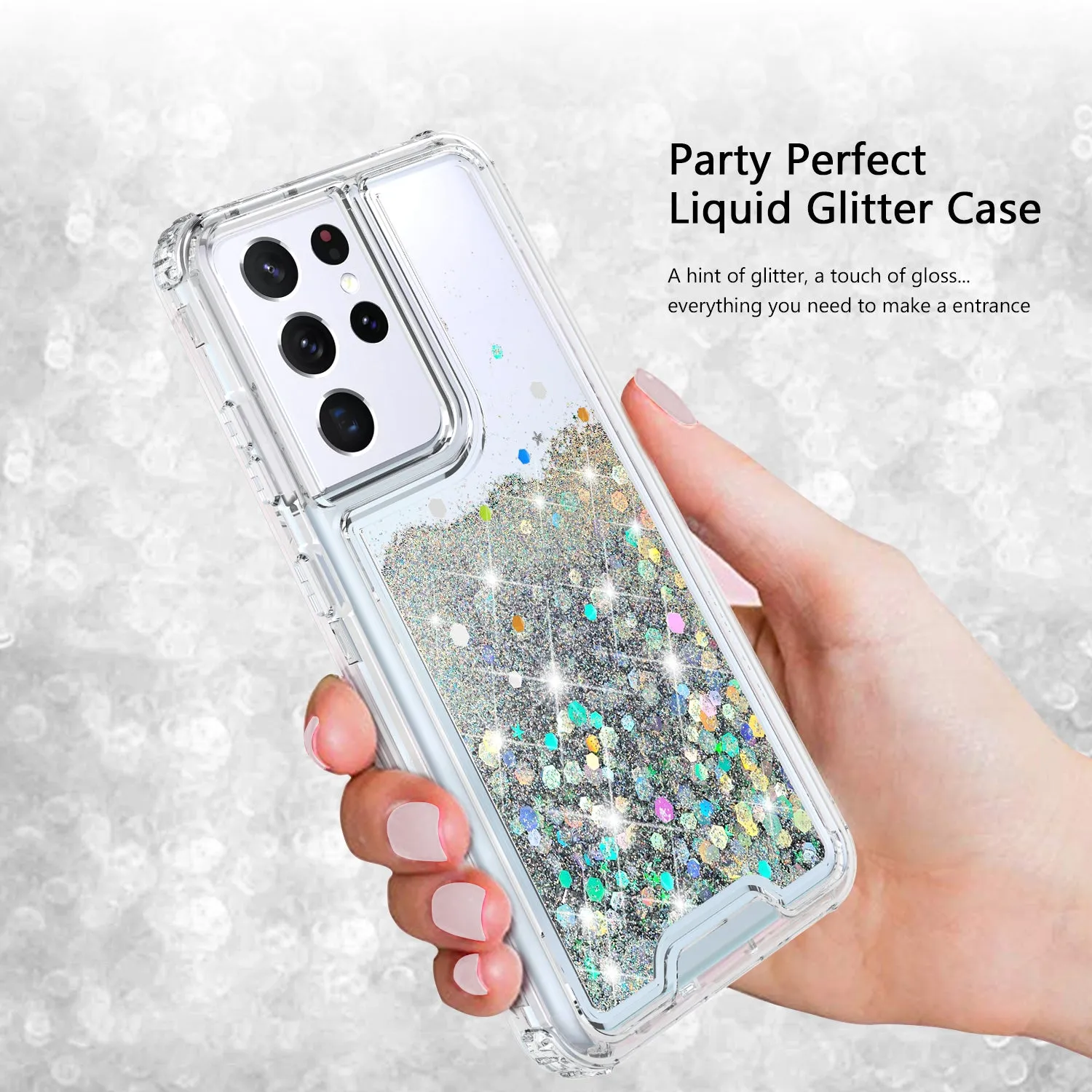 Samsung Galaxy S21 Ultra Case,Hard Clear Glitter Sparkle Flowing Liquid Heavy Duty Shockproof Three Layer Protective Bling Girls Women Cases for Samsung Galaxy S21 Ultra - Clear