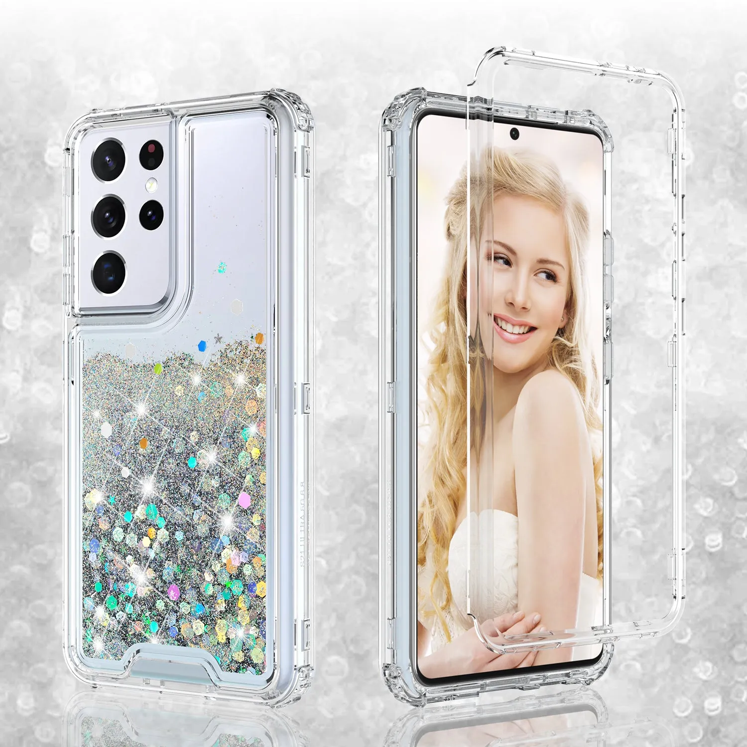 Samsung Galaxy S21 Ultra Case,Hard Clear Glitter Sparkle Flowing Liquid Heavy Duty Shockproof Three Layer Protective Bling Girls Women Cases for Samsung Galaxy S21 Ultra - Clear