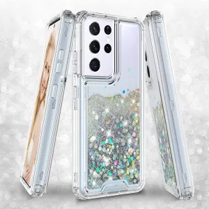 Samsung Galaxy S21 Ultra Case,Hard Clear Glitter Sparkle Flowing Liquid Heavy Duty Shockproof Three Layer Protective Bling Girls Women Cases for Samsung Galaxy S21 Ultra - Clear