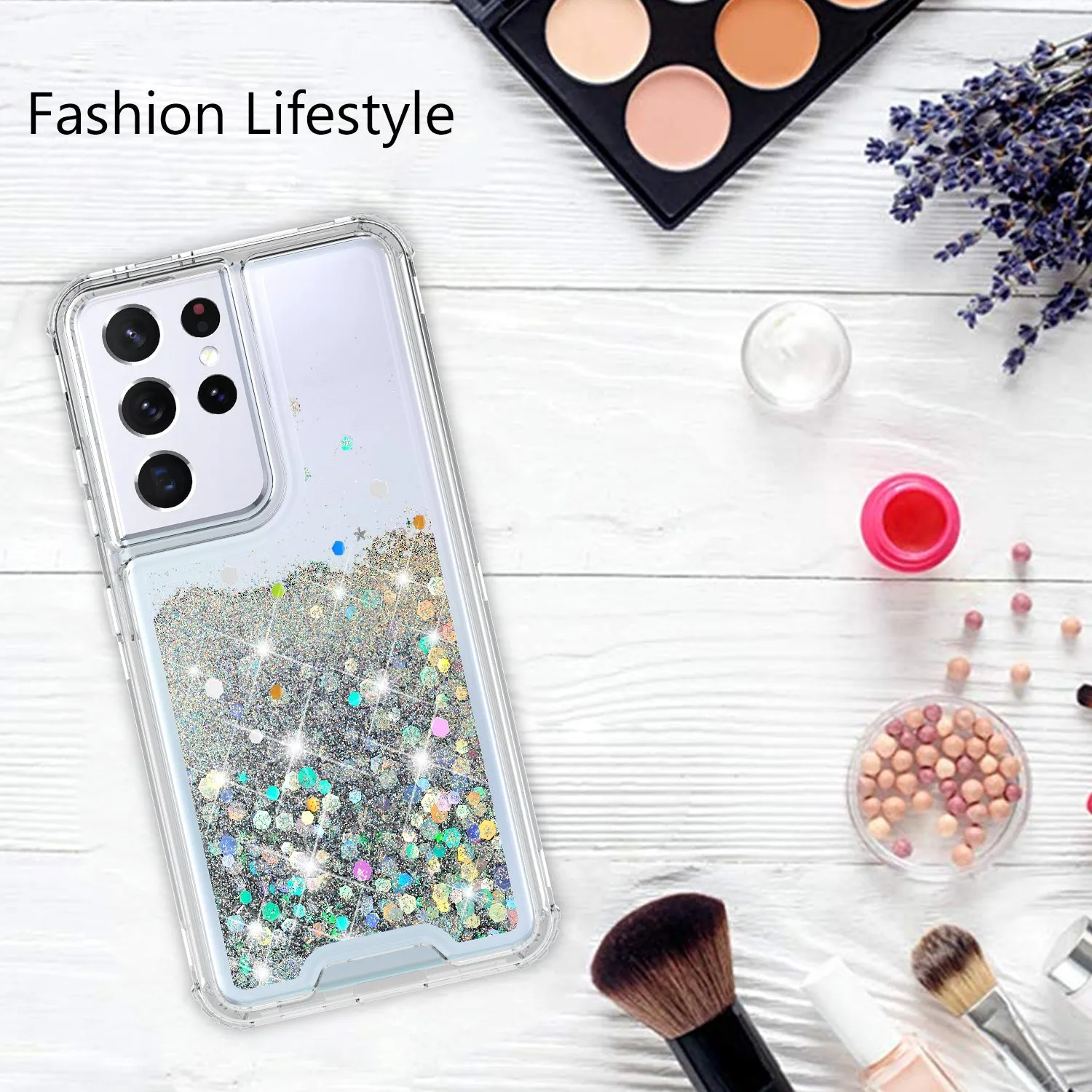 Samsung Galaxy S21 Ultra Case,Hard Clear Glitter Sparkle Flowing Liquid Heavy Duty Shockproof Three Layer Protective Bling Girls Women Cases for Samsung Galaxy S21 Ultra - Clear