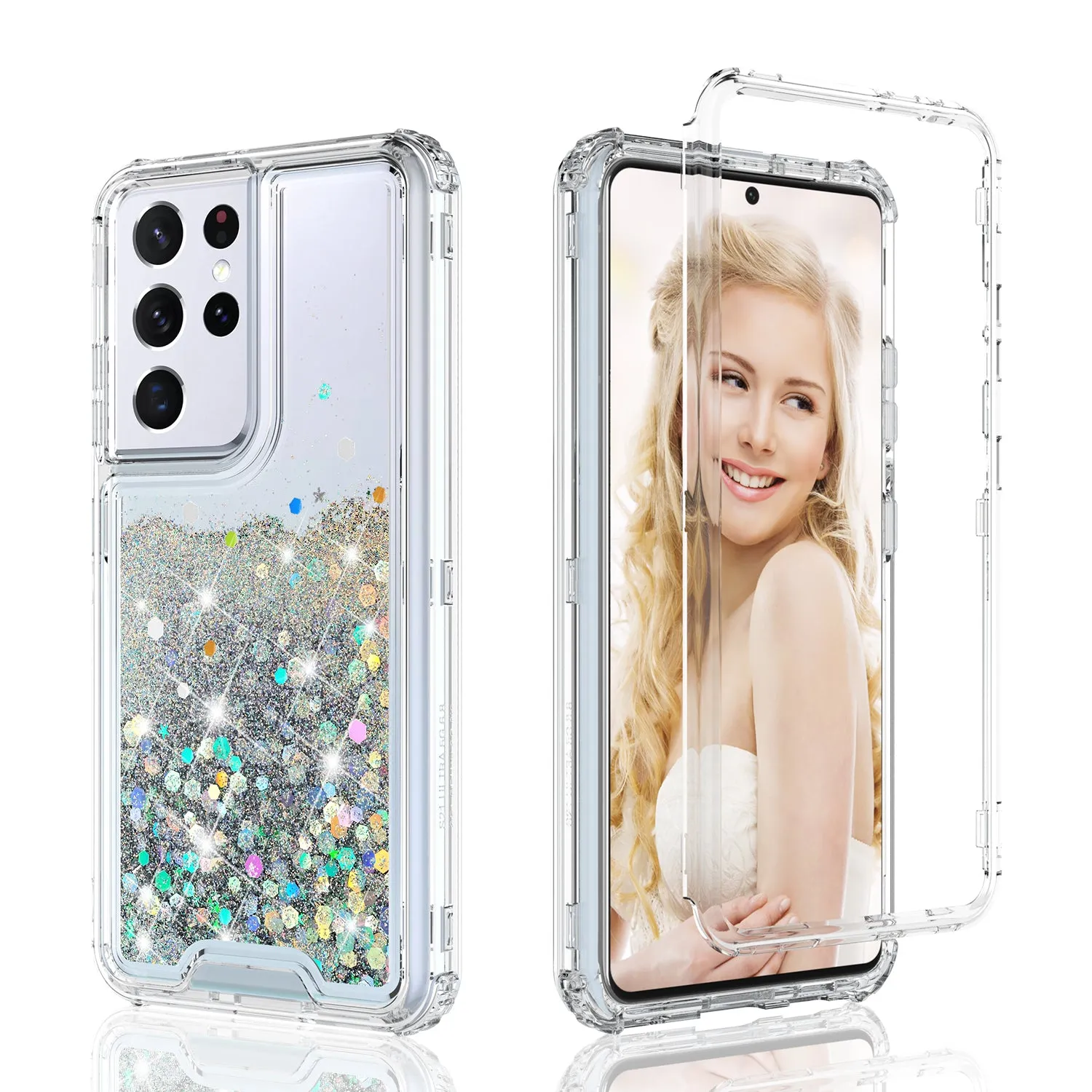 Samsung Galaxy S21 Ultra Case,Hard Clear Glitter Sparkle Flowing Liquid Heavy Duty Shockproof Three Layer Protective Bling Girls Women Cases for Samsung Galaxy S21 Ultra - Clear