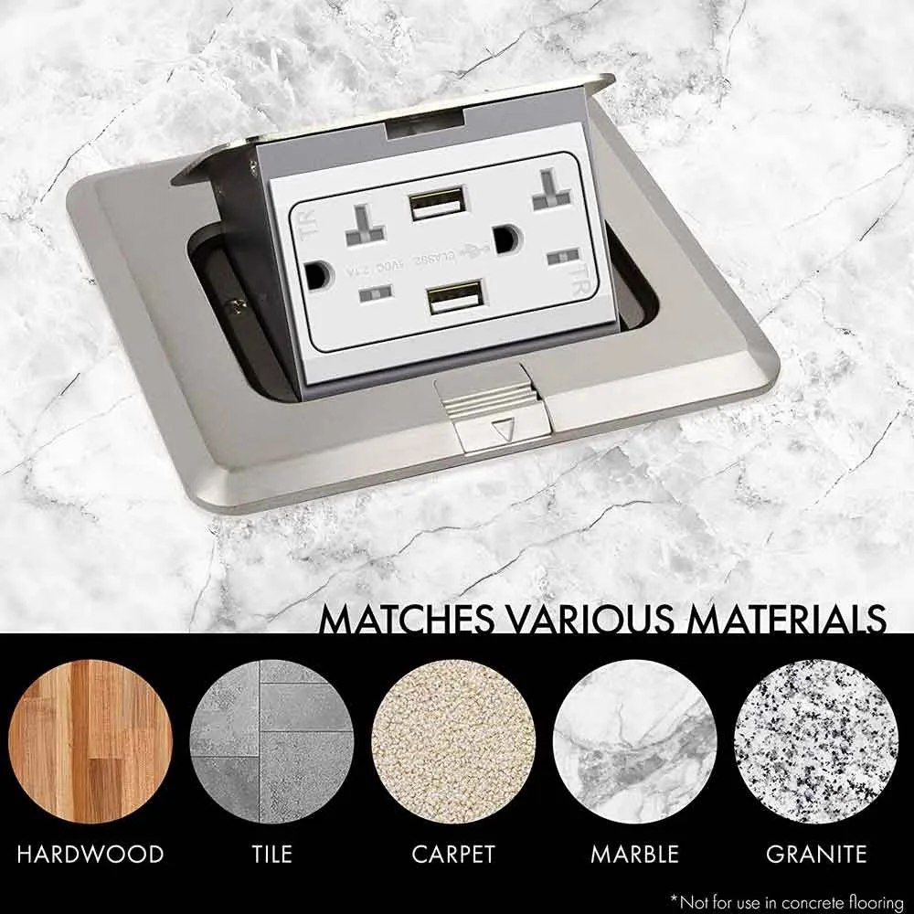 Square Floor Outlet Box 20 Amp Duplex Outlet with USB-A Outlet Nickel
