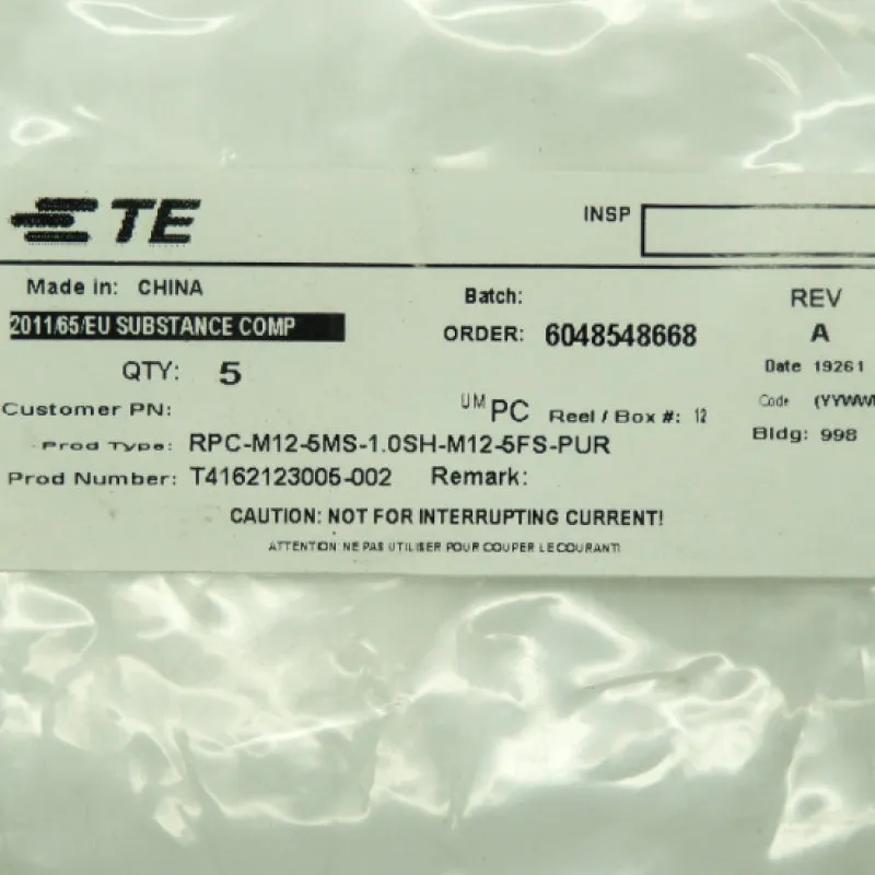 TE Connectivity M12 Male Straight to Female Straight Cable T4162123005-002