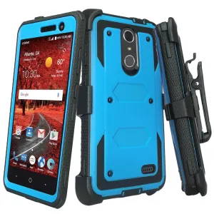 ZTE Blade Spark Z971, ZTE ZMAX One, ZTE Grand X4, X 4 Case, Rugged [Built-in Screen Protector] Heavy Duty Holster Shell Combo Cover - Blue